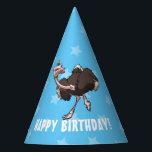 Funny Ostrich Happy Birthday Dancing Party Cartoon Party Hat<br><div class="desc">A funny ostrich on a paper hat for a birthday party. Use "Personalise this template" to change the "HAPPY BIRTHDAY!" text and create a unique, customised party accessory. Paper hats for a celebration, featuring a shaggy ostrich having a birthday boogie, complete with rainbow striped party hat and polka dotted blower....</div>