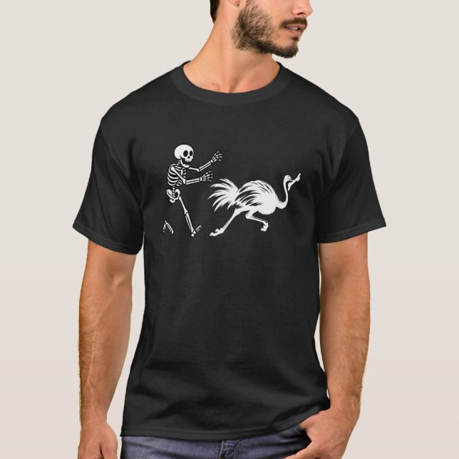 Funny Ostrich Running Skeleton Halloween T-Shirt (Front)