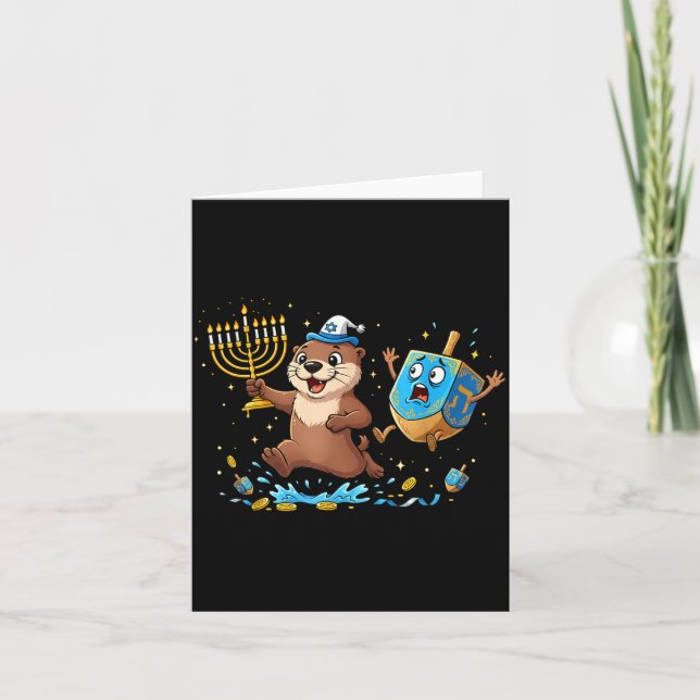Funny Otter Dreidel Menorah Hanukkah Kids Womens M Card (Front)
