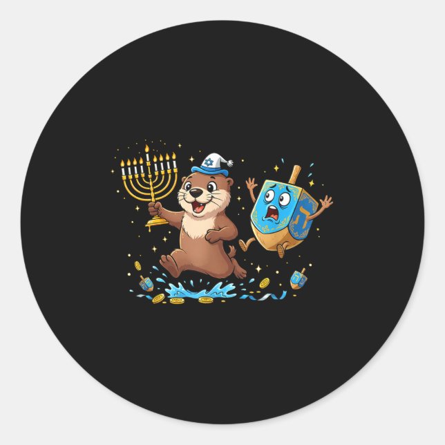 Funny Otter Dreidel Menorah Hanukkah Kids Womens M Classic Round Sticker (Front)
