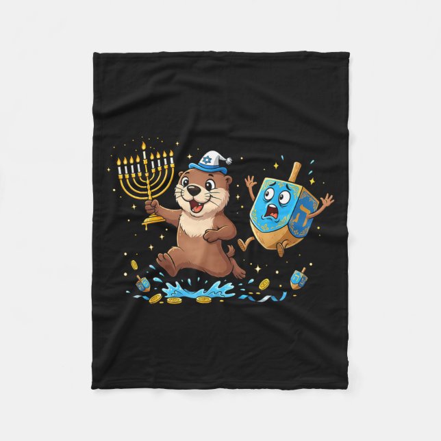Funny Otter Dreidel Menorah Hanukkah Kids Womens M Fleece Blanket (Front)