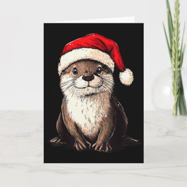 Funny Otter Santa Hat Xmas Otter Lovers Christmas  Card (Front)