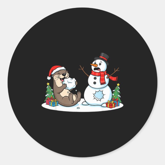 Funny Otter Snowman Christmas Tree Xmas Womens Men Classic Round Sticker (Front)