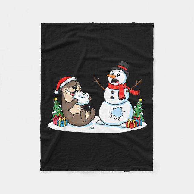 Funny Otter Snowman Christmas Tree Xmas Womens Men Fleece Blanket (Front)