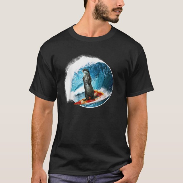 Funny Otter Surfing Otter riding a ocean Wave on a T-Shirt (Front)