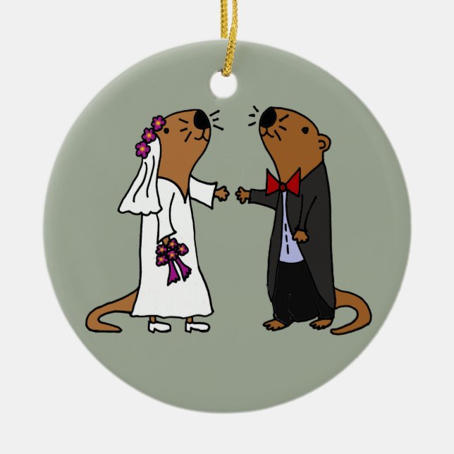 Funny Otter Wedding Cartoon Ceramic Tree Decoration (Front)