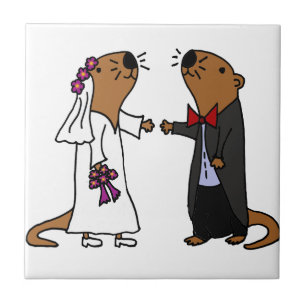Funny Otter Wedding Cartoon Tile