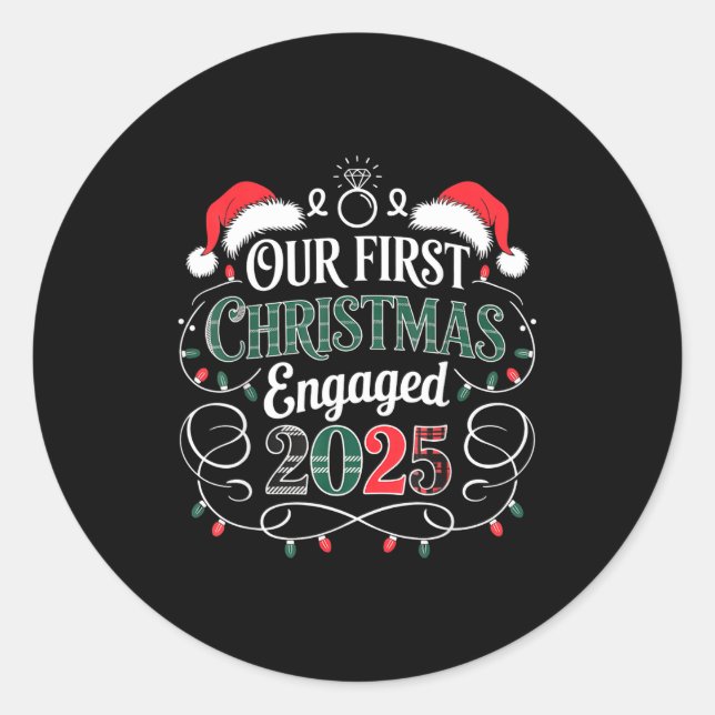 Funny Our First Christmas Engaged 2025 Couples Paj Classic Round Sticker (Front)