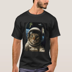Funny Outer Space Cat with UFO and Astronauts Meme T-Shirt