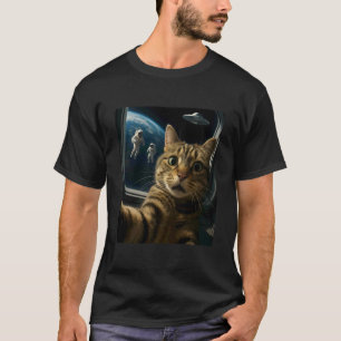 Funny Outer Space Cat with UFO and Astronauts Meme T-Shirt