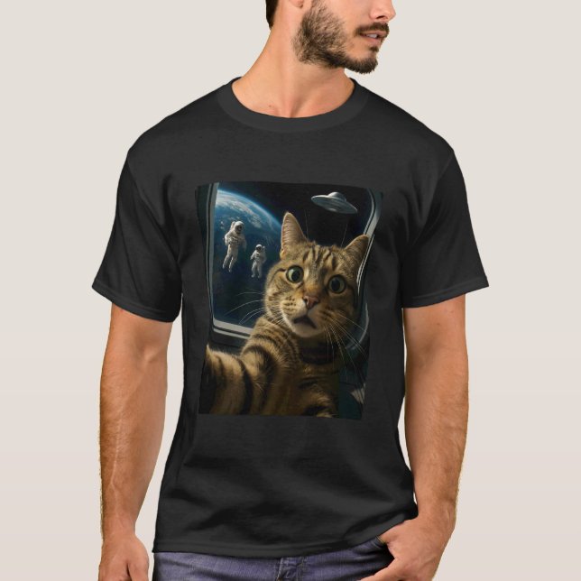 Funny Outer Space Cat with UFO and Astronauts Meme T-Shirt (Front)