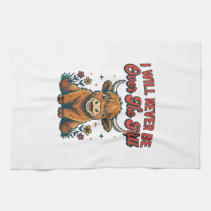 Funny Over The Hill Highland Cow Birthday Design_1 Tea Towel