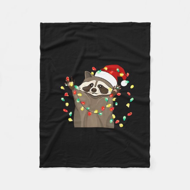 Funny Overstimulated But Festive Raccoon Christmas Fleece Blanket (Front)