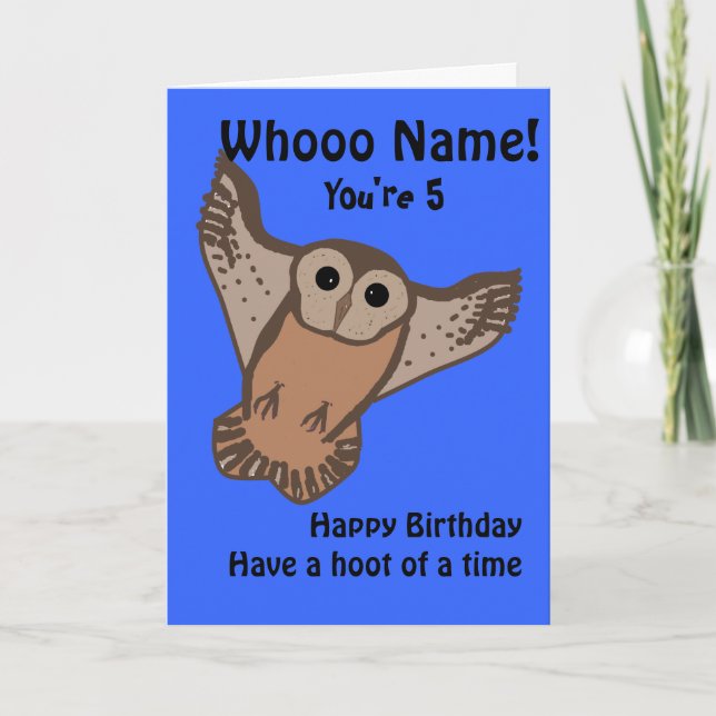 Funny Owl birthday cards, child with name and age, Card (Front)