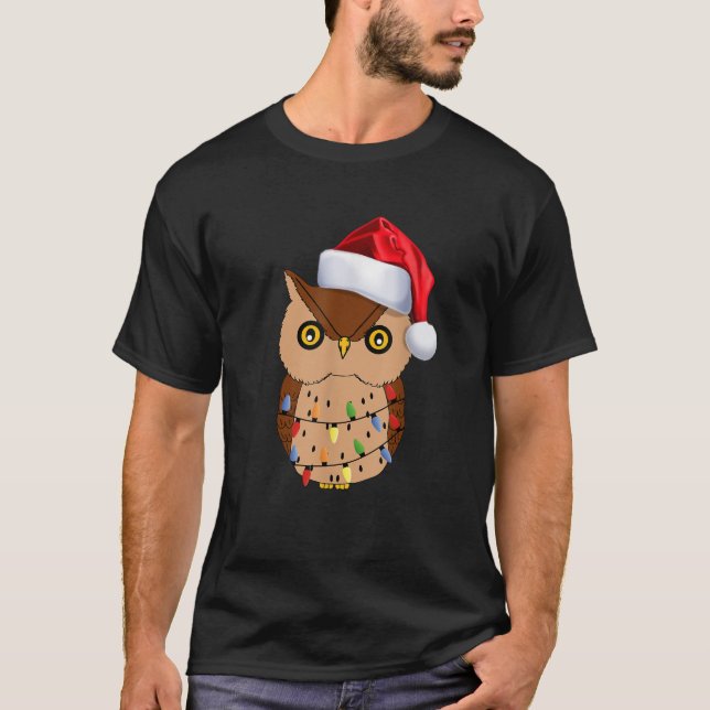 Funny Owl Christmas Lights Santa Hat Xmas Owl Love T-Shirt (Front)