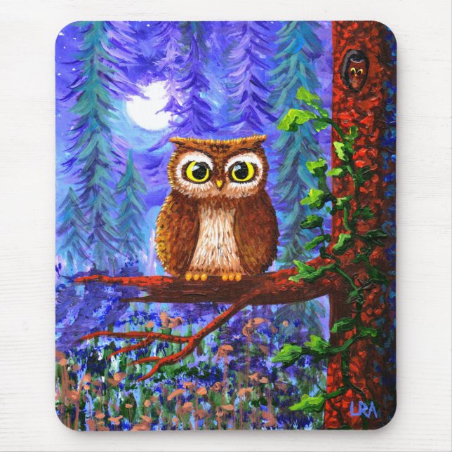 Funny Owl Forest Moon Whimsical Creationarts Mouse Mat (Front)