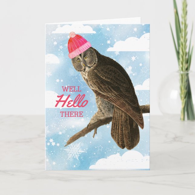 Funny owl knitting crochet handmade Christmas Holiday Card (Front)