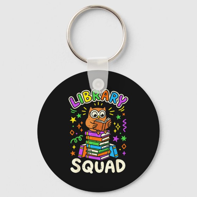 Funny owl library squad reading book lover kids key ring (Front)