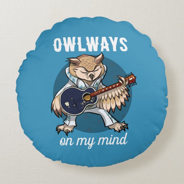 Funny Owl Owlways On My Mind Music Cartoon Round Cushion (Front)