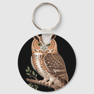 Funny owl realistic bird illustration perchedFunny Key Ring