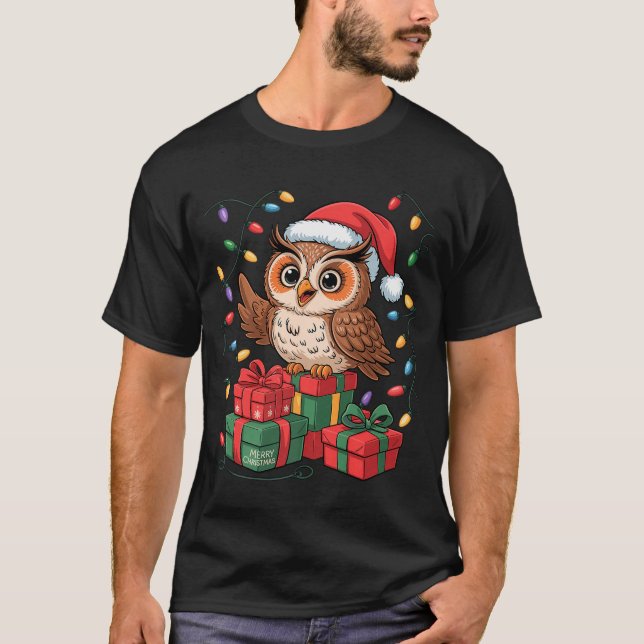 Funny Owl Santa Hat Animals Lovers Ugly Christmas  T-Shirt (Front)
