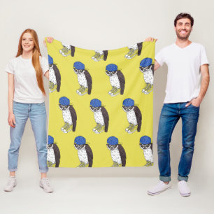 Funny owl with sneakers in a yellow background fleece blanket