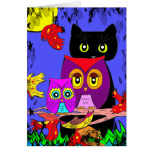 Funny Owls Black Cat Fall Moon Creationarts