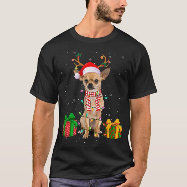 Funny Pajama Santa Hat Chihuahua Christmas Lights T-Shirt (Front)