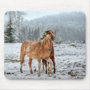 Funny Palomino & Red Dun Ranch Horses in Snow Mouse Mat