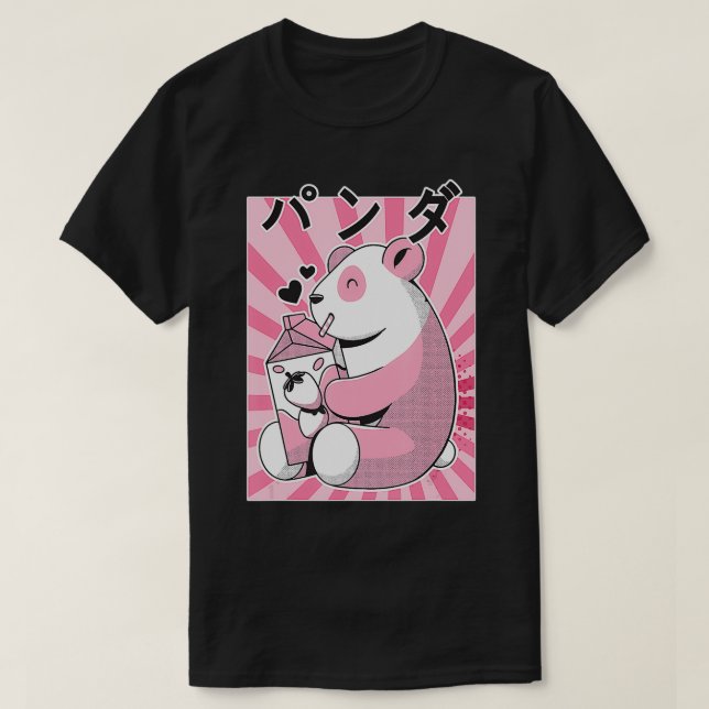 Funny Panda Bear Retro 90s Japanese Kawaii Strawbe T-Shirt (Design Front)
