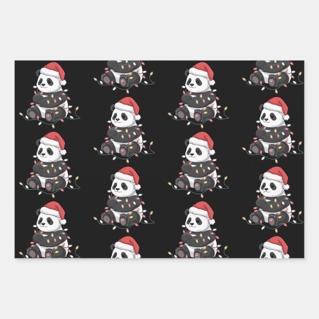 Funny Panda Christmas Animal Lights Lover Wrapping Paper Sheet (Front)