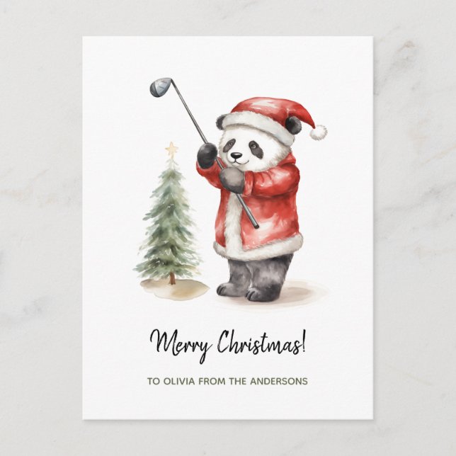 Funny Panda golf game Christmas  Holiday Postcard (Front)