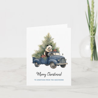 Funny Panda in Blue Retro Truck Xmas Card