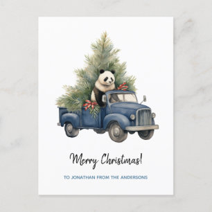 Funny Panda in Blue Retro Truck Xmas Holiday Postcard