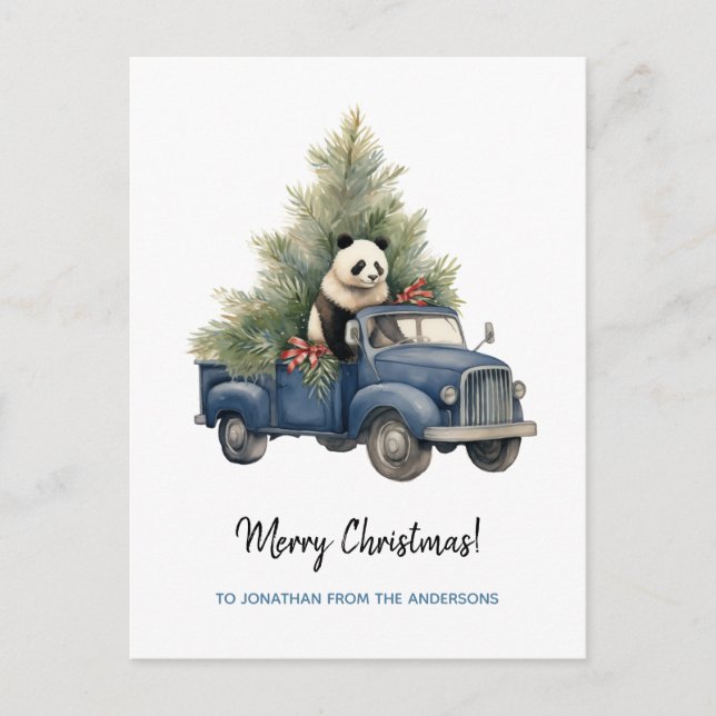 Funny Panda in Blue Retro Truck Xmas Holiday Postcard (Front)