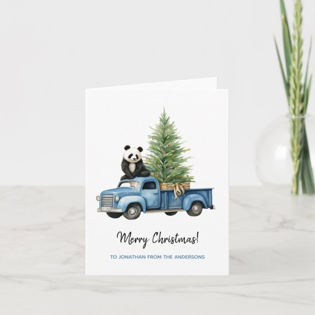 Funny Panda in Blue Vintage Van Christmas Card (Front)