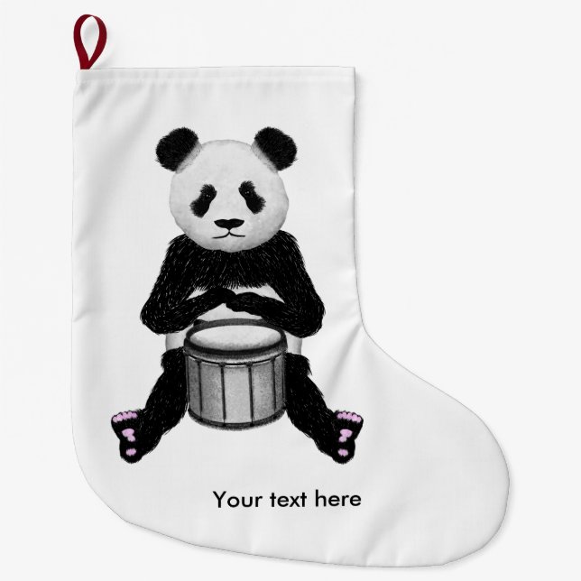 Funny Panda Playing Drums Large Christmas Stocking (Front)