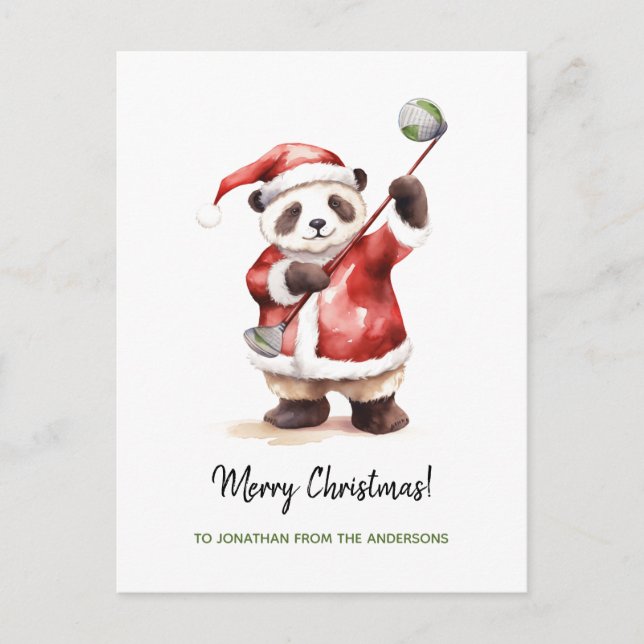 Funny Panda playing golf Christmas  Holiday Postcard (Front)
