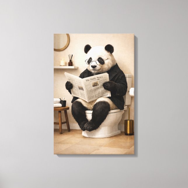 Funny Panda Reading Newspaper Bathroom Humour Canvas Print (Front)