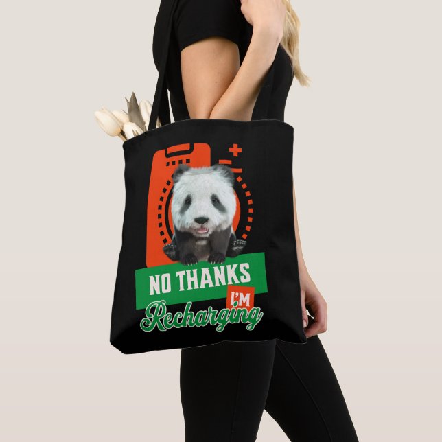Funny Panda Recharging Introvert Battery Design Tote Bag (Close Up)
