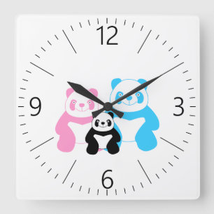 Funny panda’s family square wall clock