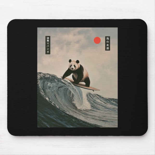 Funny Panda Surfing Saying Japanese Wave Meme Humo Mouse Mat (Front)
