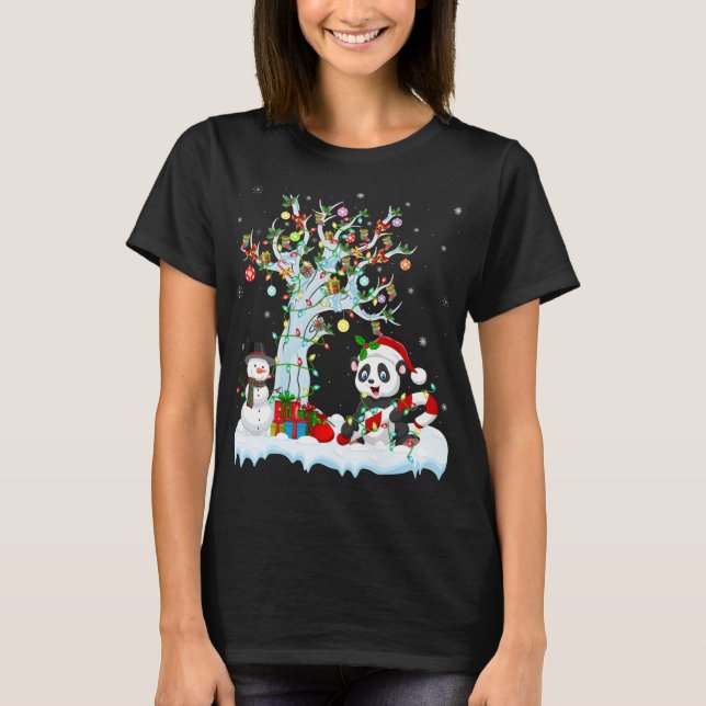 Funny Panda Xmas Tree Lighting Santa Hat Panda Chr T-Shirt (Front)