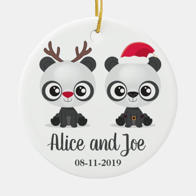 Funny Pandas custom names and date Ceramic Tree Decoration (Front)