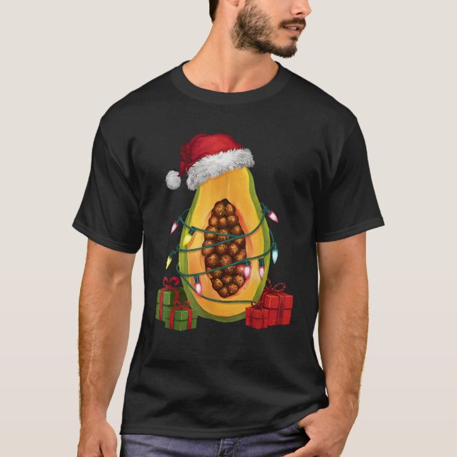 Funny Papaya Xmas Lighting Santa Hat Papaya Christ T-Shirt (Front)