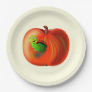 Funny Paper Plates with Happy Worm In Red Apple