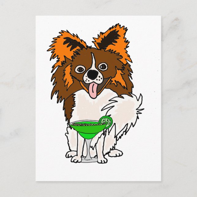 Funny Papillon Dog Drinking Margarita Cartoon Postcard (Front)