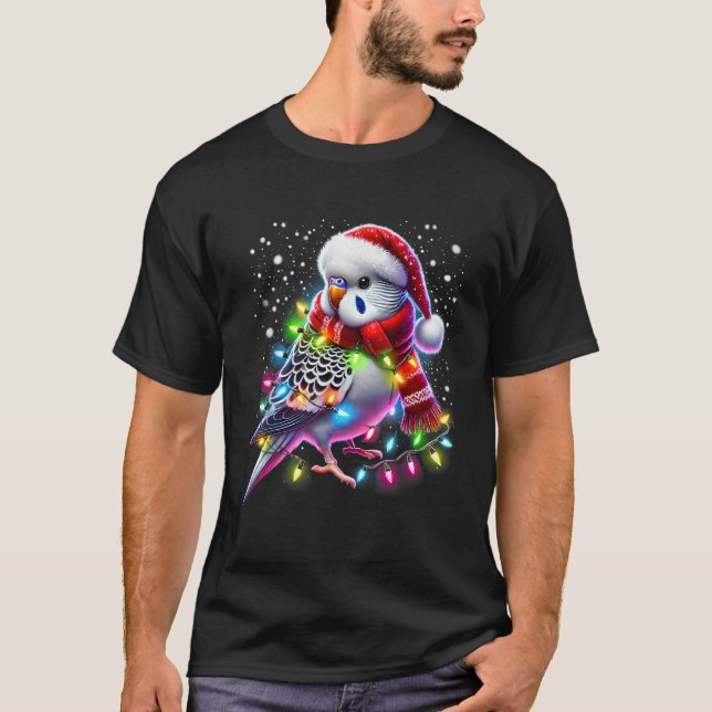 Funny Parakeet Christmas Tree Lights Xmas Parrot L T-Shirt (Front)