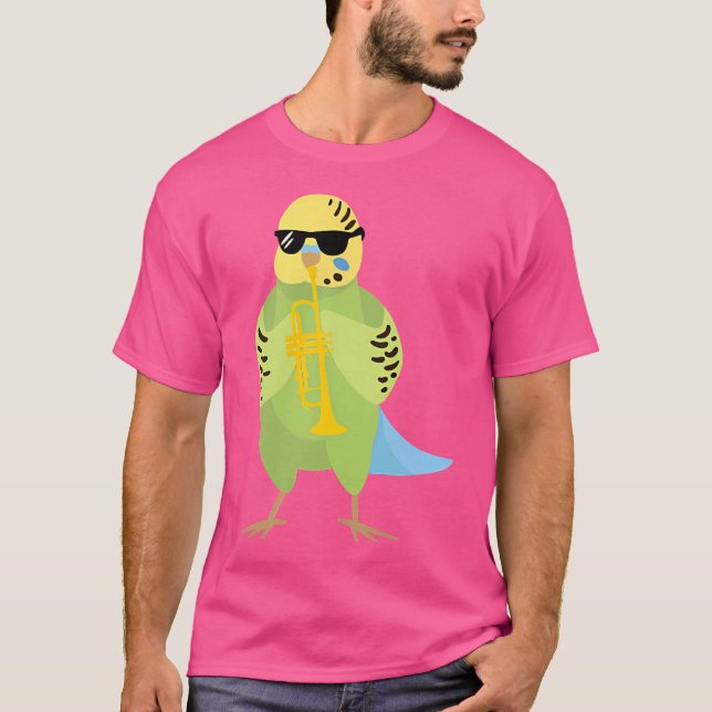 Funny Parakeet Wearing Sunglasses Playing Trumpet T-Shirt (Front)