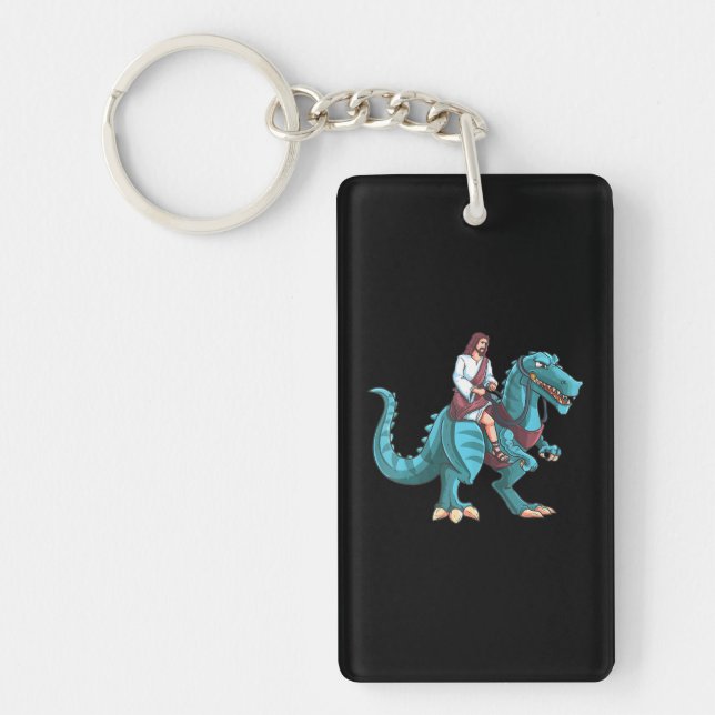 Funny Parody Jesus Riding Dinosaur Meme Dino Key Ring (Front)